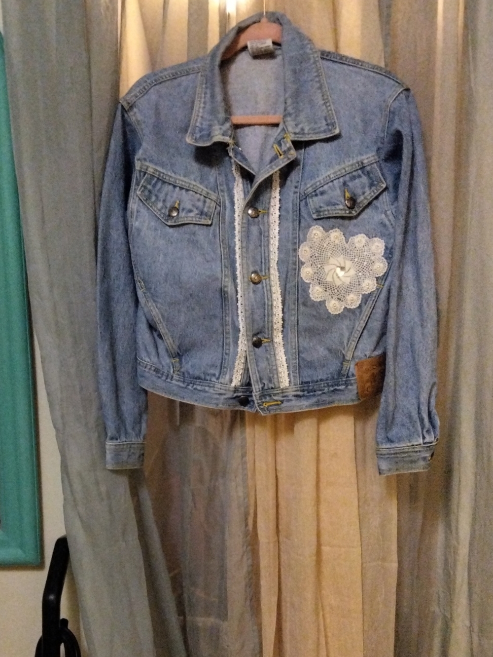 Light Blue Denim Jacket with Lace Heart Appliqué - Women's Jean Jacket